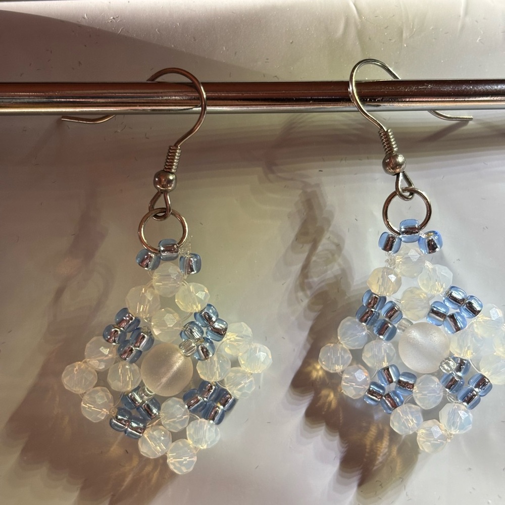 Hand crafted earrings, matte white quartz, matte crystal beads, blue seed beads
